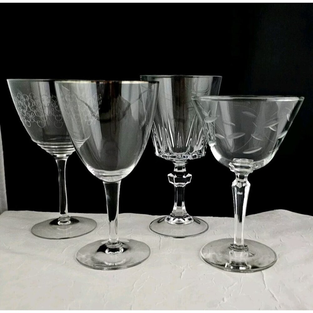 4 Mismatched Vintage Wine Glassware Collection  etched mixed cocktail glasses